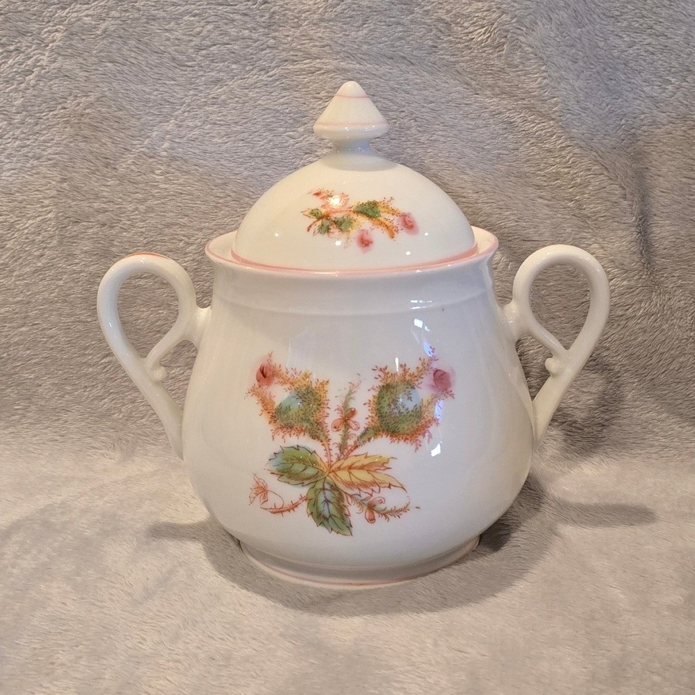 Vintage Haviland & Co Moss Rose with Pink Trim Sugar Bowl w/ Handles